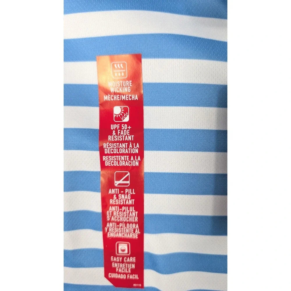 Chaps Polo Shirt Boys Size L 14/16 Azure Blue White Striped Performance NWT